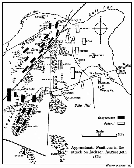 [Illustration: Map of the approximate positions in the attack on Jackson, August 30th, 1862.]