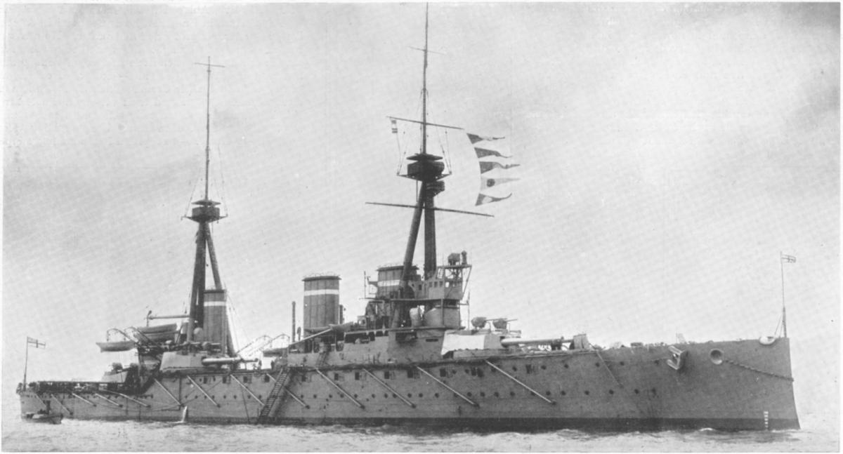 ONE OF THE BRITISH SHIPS WHICH SANK VON SPEE'S SQUADRON OFF THE FALKLANDS: THE BATTLE-CRUISER "INVINCIBLE"