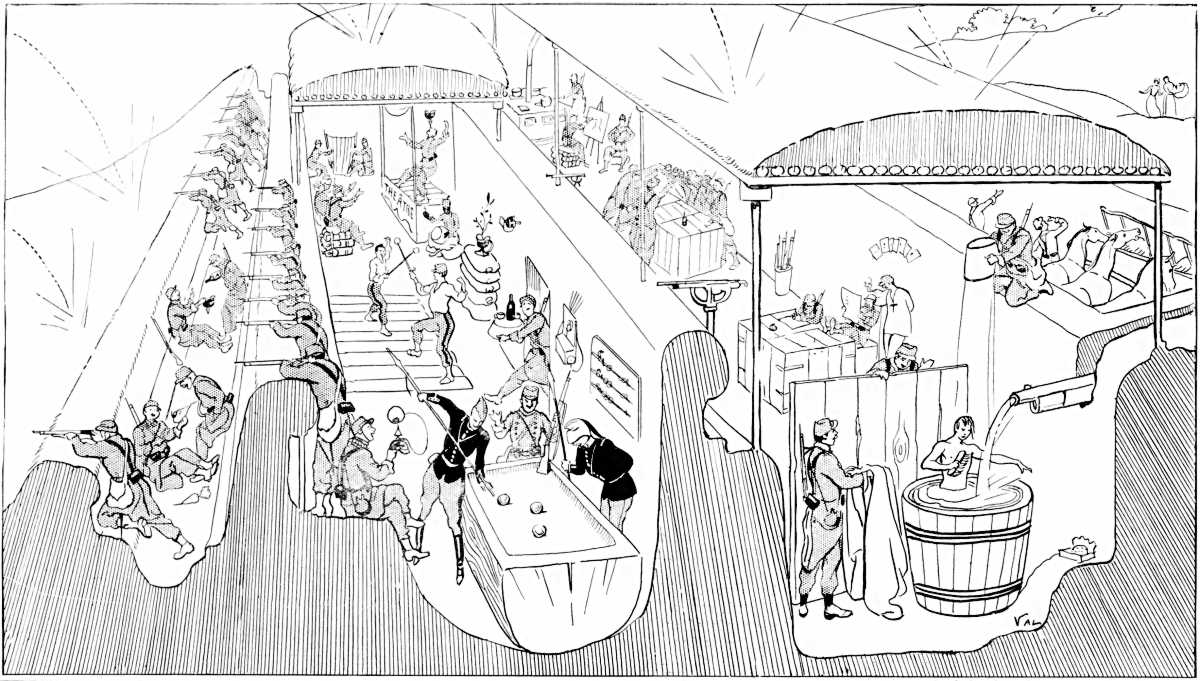 AMENITIES OF MOLE WARFARE SATIRISED: A FRENCH CARICATURIST'S SKIT ON THE "LUXURIES" OF LIFE IN THE TRENCHES.