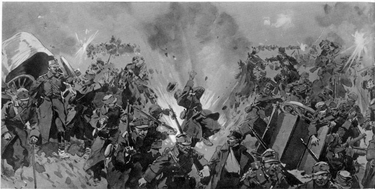THE AUSTRIAN DÉBÂCLE: A DISASTROUS MARCH UNDER CONTINUAL SHELL-FIRE FROM SERBIAN ARTILLERY.--From the Painting by Frédèric de Haenen. (left half)