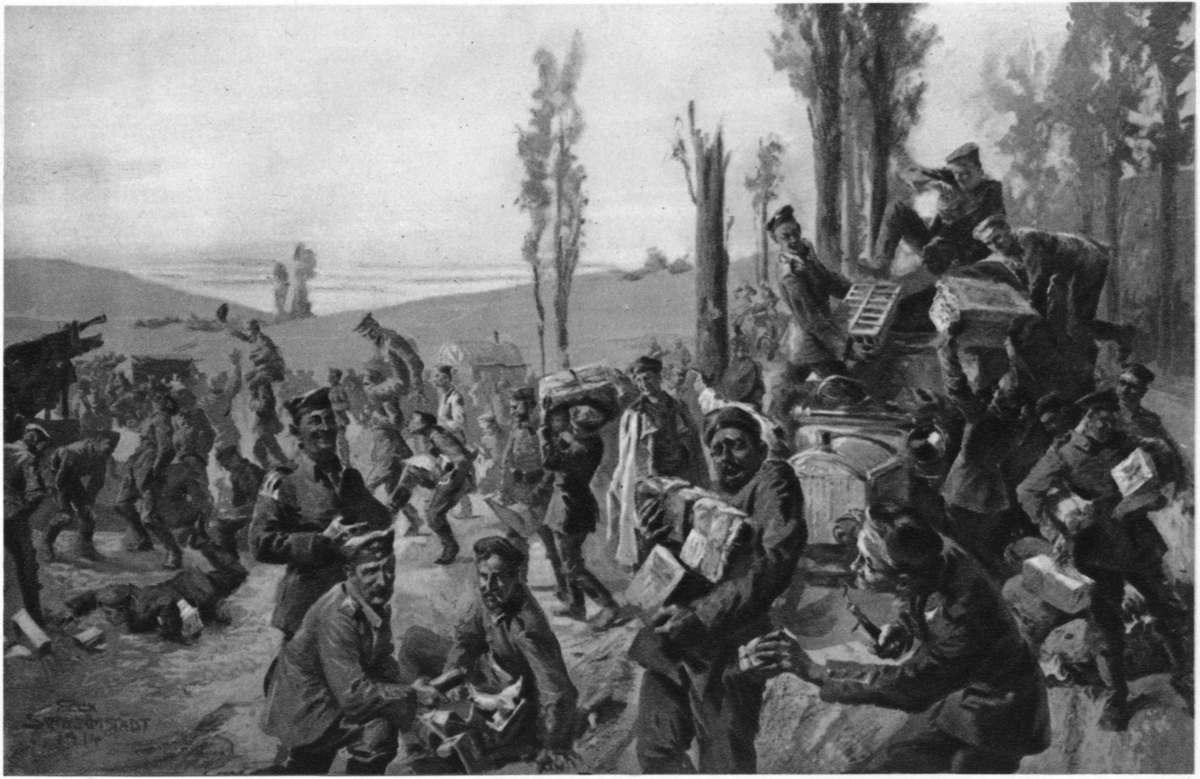 CHRISTMAS WITH THE GERMAN ARMY, ACCORDING TO A GERMAN PAPER; THE ARRIVAL FROM HOME OF GIFTS FOR THE TROOPS.