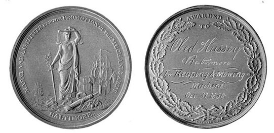 Silver medal won by Mr. Hussey with the Reaper at Baltimore in 1850