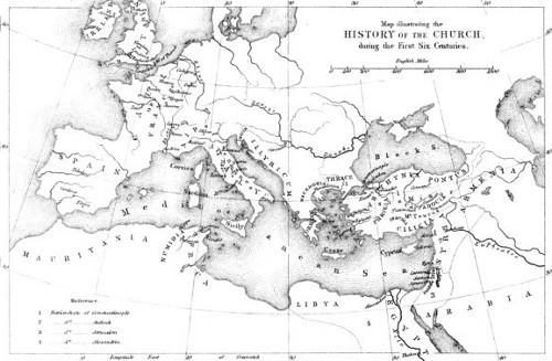 Map illustrating the HISTORY OF THE CHURCH, during the First Six Centuries.