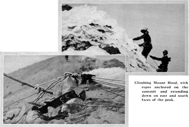 Climbing Mount Hood, with  ropes anchored on the  summit and extending down on east and south faces of the peak.