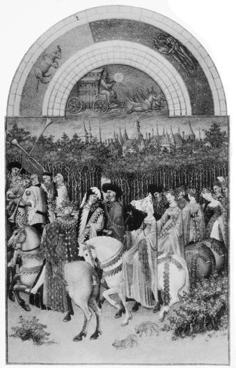 Plate XXX.  Photo. Giraudon.  MAY.  Pol de Limbourg.  From The “Très Riches Heures du Duc de Berry.”  To face page 160.