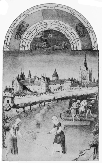Plate XXXI.  Photo. Giraudon.  JUNE.  Pol de Limbourg.  From The “Très Riches Heures du Duc de Berry.”  To face page 162.