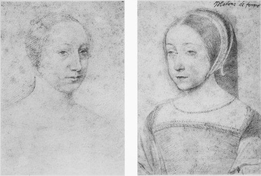 Plate LVII.  Photo Giraudon.  QUEEN CLAUDE OF FRANCE.  Attributed to J. Perréal. About 1515.  Photo Giraudon.  RENEE OF FRANCE, DUCHESS OF FERRARA.  Attributed to Jean Clouet.  Musée Condé.  To face page 21.