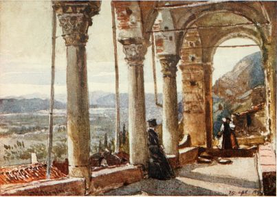 MISTRA, NEAR SPARTA  The eastern portico of the Pantanassa Church, with view over the valley of the Eurotas.