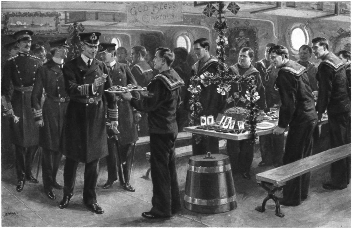 CHRISTMAS DAY ON BOARD SHIP IN THE NORTH SEA: THE CAPTAIN
GOING ROUND THE MESSES "TASTING THE MEN'S DINNER."