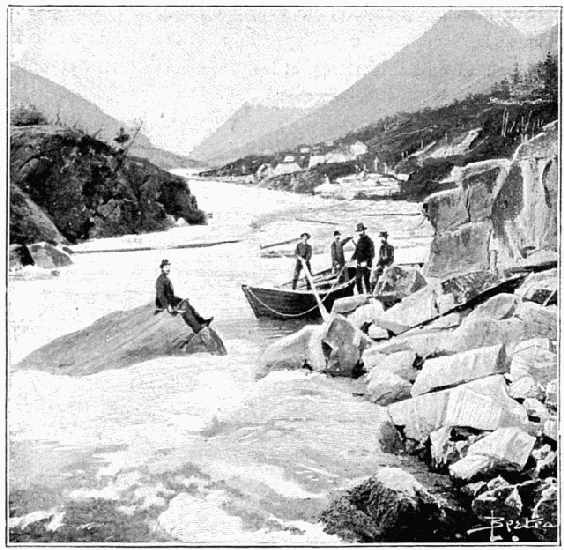 RAPIDES ENTRE LES LACS LINDEMAN ET BENNETT. DESSIN DE
BERTEAULT, D'APRS LA PHOTOGRAPHIE DE LA ROCHE,  SEATTLE.