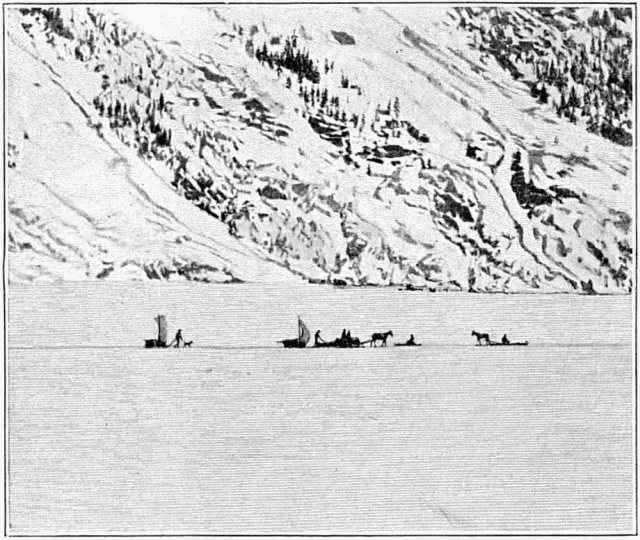 VOYAGEURS SUR LA GLACE DU LAC BENNETT. DESSIN DE TAYLOR,
D'APRS LA PHOTOGRAPHIE DE M. GOLDSCHMIDT.