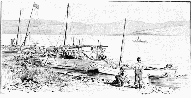 NOTRE BATEAU LA VILLE DE PARIS  CARIBOU
CROSSING.—DESSIN DE BERTEAULT, D'APRS LE CROQUIS DE L'AUTEUR.