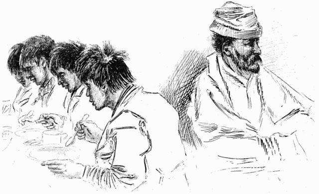 LE MINEUR FOX ET SES ASSASSINS INDIENS, PRISONNIERS 
TAGISH POST. DESSIN DE L'AUTEUR.