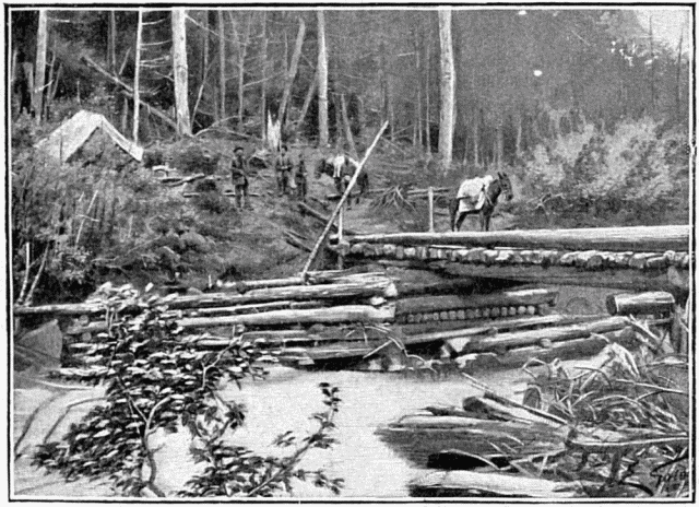 PASSAGE D'UN AFFLUENT DU YUKON. DESSIN DE GOTORBE,
PHOTOGRAPHIE DE LA ROCHE,  SEATTLE.