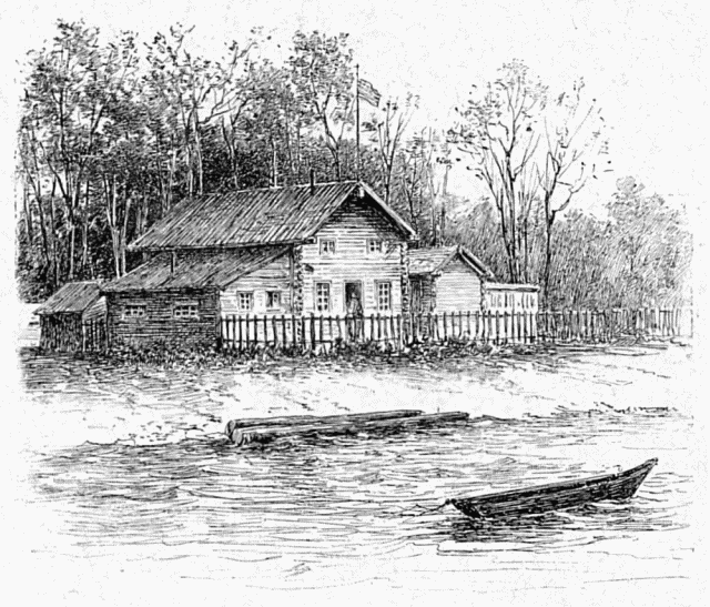 LE POSTE DE SIXTY MILE.—DESSIN
DE TAYLOR, D'APRS UN CROQUIS DE L'AUTEUR.