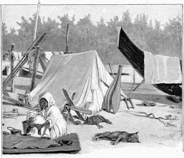 CAMP INDIEN  DYEA. DESSIN DE MADAME PAULE CRAMPEL,
D'APRS LE CROQUIS DE L'AUTEUR.
