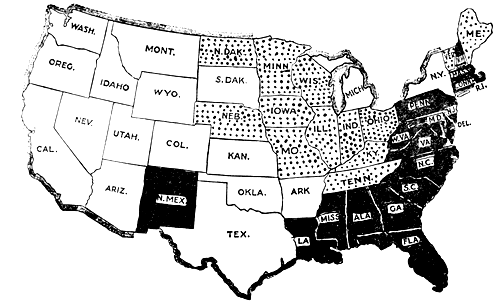 MAP III.

The Suffrage Map when Congress submitted the Federal Amendment June 4,
1919. In the white States women had full suffrage; in the dotted
States Presidential; in Illinois, Nebraska, North Dakota, Tennessee
and Vermont Municipal also; in the first three County besides.