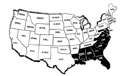 MAP IV.

The Legislatures of all the white States ratified the Federal Woman
Suffrage Amendment; those of the black States rejected it except that
of Florida, whose Governor said it would do so if he called a special
session.
