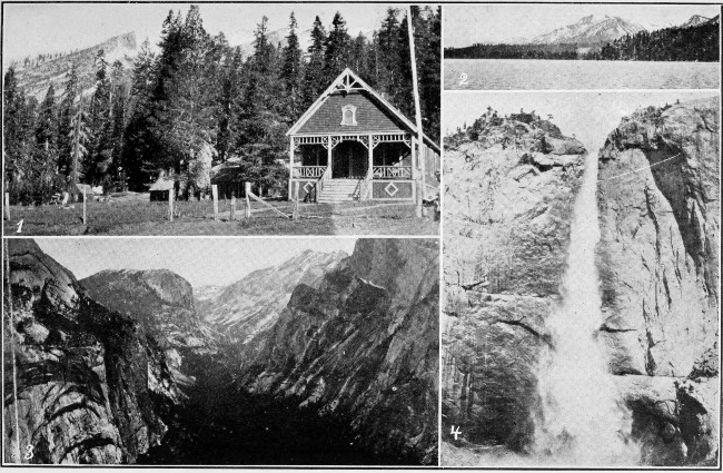 1. Philips Hotel on Lincoln Highway near Lake Tahoe. 2.
View on Lake Tahoe. 3. Looking up Yosemite Valley. 4. Upper Yosemite
Falls.