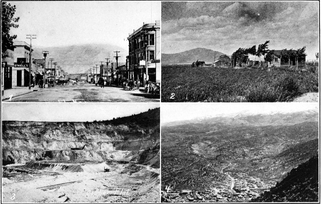 1. Ely, Nevada. 2. Homesteader's Ranch near Lahontan Dam.
3. Copper Mine at Ely. 4. Ely, Nev.
