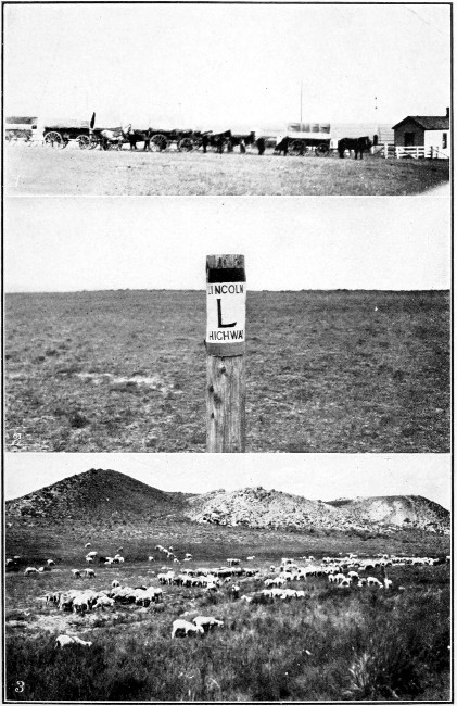 1. Prairie Schooners, Westward Bound. 2. Lincoln Highway
Sign in the Desert. 3. Sheep in the Wyoming Desert.