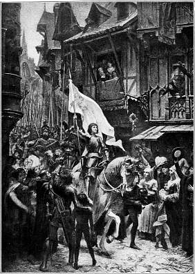 Intocht van Jeanne d' Arc binnen Orlans.--Naar een schilderij van J. Scherrer. Museum Orlans.
