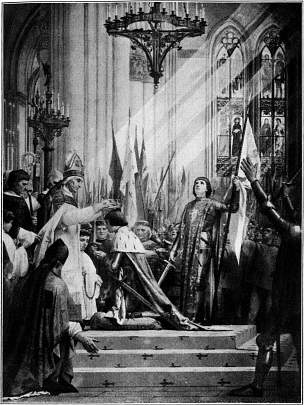 Kroning van Karel VII te Reims, 1429.--Naar een muurschildering van Lenepveu in het Panthon.