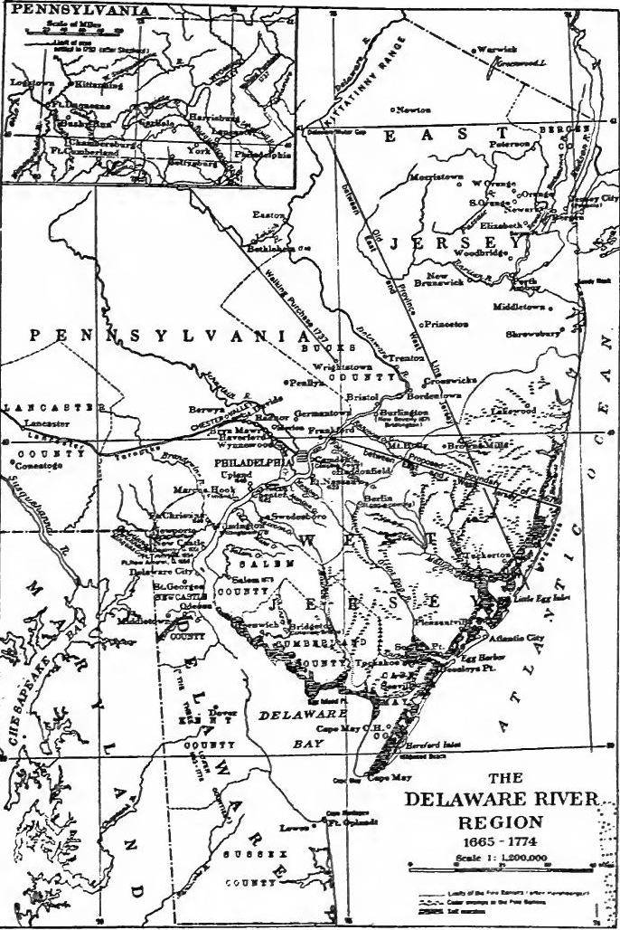 The Delaware River Region. (From Fisher, The Quaker
Colonies, in the Series, "The Chronicles of America," Yale University
Press).
