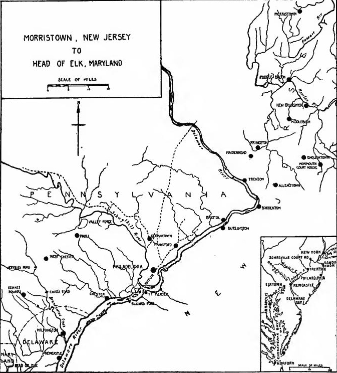 Northern New Jersey, New York and Its Environs during the
Revolution (Based on map in G.O. Trevelyan, The American Revolution,
Part II, Vol. I, at end).
