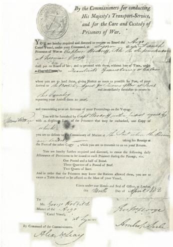 Plate XIX.—Facsimile of Order from Board of Transport, 9th
April 1802, to Captain Holditch, Owner and Master of Cartel
“Argo”
